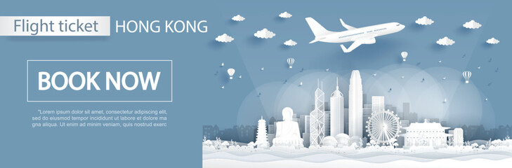 Flight and ticket advertising template with travel to Hong Kong concept with famous landmarks in paper cut style vector illustration