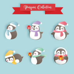 Penguin set for Christmas card decoration. Vector illustration.