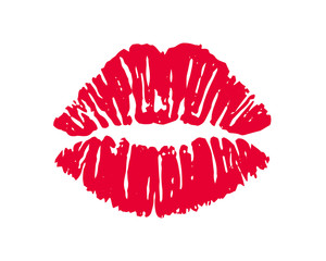 Female red lipstick kiss isolated on white background. 