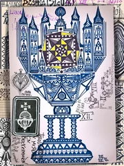 Poster Ace of Cups Tarot. Handschriften, tekeningen en schetsen met esoterische, astrologische en alchemistische tekens en symbolen © Rosario Rizzo