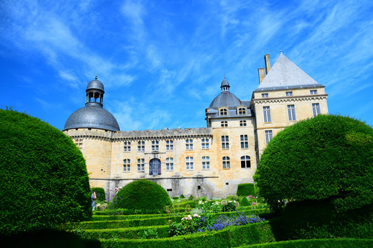 The gardens and outer walls of the magnificent Chateau de Hautefort in Aquitaine, France