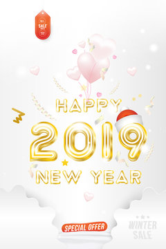Sale Banner Happy new year 2019 with original gold shining font and super offer 70% Postcard with balloons in the form of hearts on background with ribbons. Flat vector illustration EPS10
