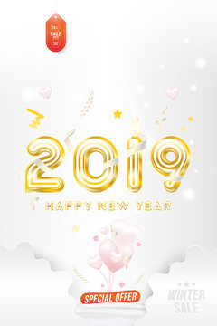 Sale Banner Happy new year 2019 with original gold shining font and super offer 70% Creative template with decoration elements. Flat vector illustration EPS10