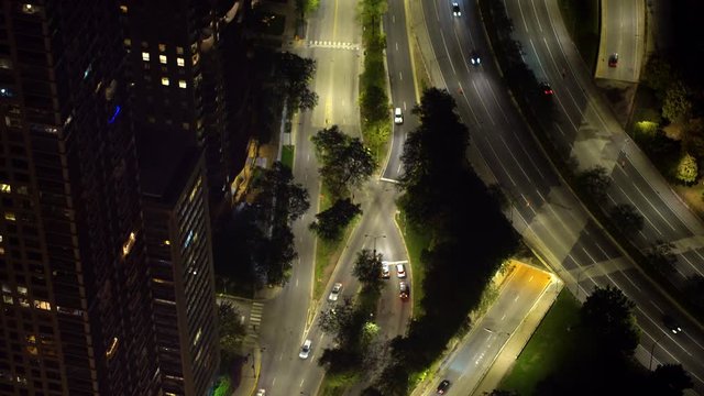 Chicago streets traffic along Lake Michigan from above at night