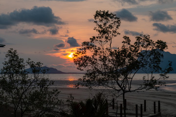 Fototapeta na wymiar Tropical sunset over the ocean at low tide in a mangrove forest in Borneo