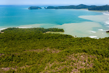 Aerial drone view of dense jungle and a muddy ocean on a remote, uninhabited coastline