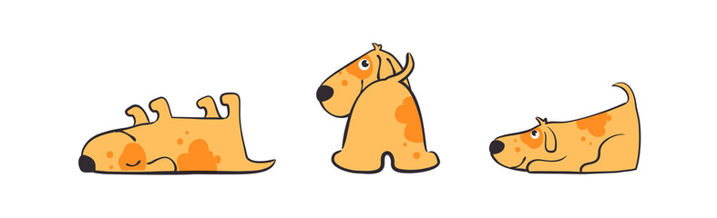 Set of illustrations of Playful puppy in various poses. Isolated Funny dog daily routine, cute little cur in his evereday activity colorful character