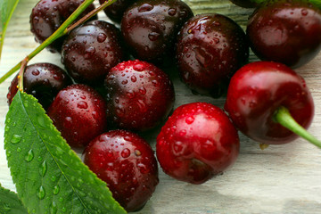 cherry ripe on a light background, closeup , berry of the season