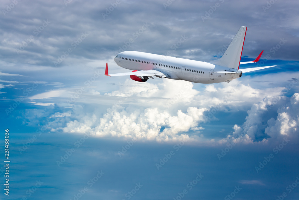 Wall mural White airplane flying above cloud