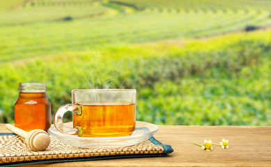 Hot tea cup and honey on the wooden table with tea plantations background. Healthy drink with copy space