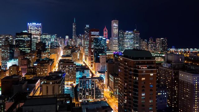 Time-lapse of the Chicago skyline at night with skycrapers