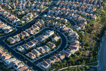 Aerial view of modern streets and homes in the San Fernando Valley area of Los Angeles, California.