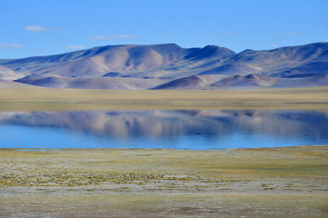 Tibet, small lake near Yakra in sunny summer day