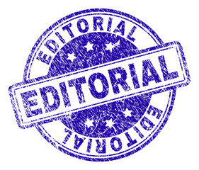 EDITORIAL stamp seal watermark with distress texture. Designed with rounded rectangles and circles. Blue vector rubber print of EDITORIAL title with unclean texture.