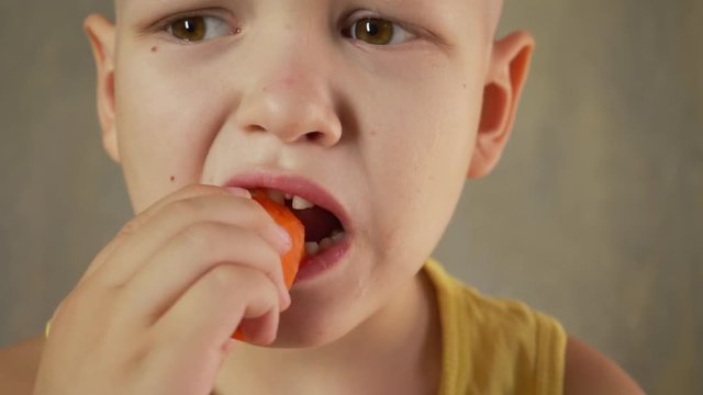 cute blond child is eating raw carrots to reinforce his vision. Delicious vegetarian food
