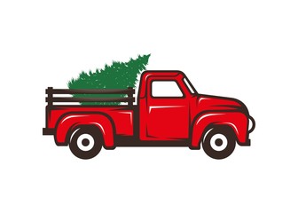 Antique red truck with christmas tree illustration, logo icon vector © anitafiana
