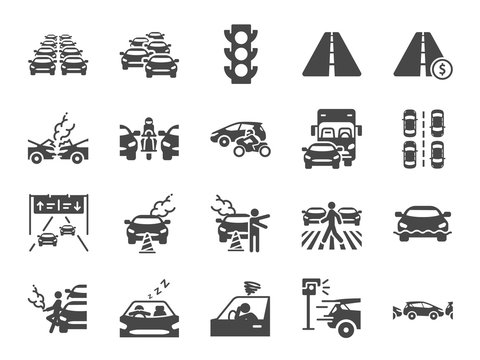 Traffic jam icon set. Included icons as congestion, transport, broken car, road and more.