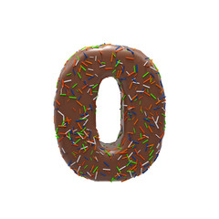 Chocolate Cake Donut Font with colorful sprinkles. Delicious Number 0. 3D render Illustration.