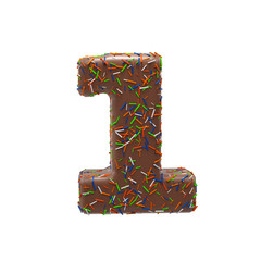 Chocolate Cake Donut Font with colorful sprinkles. Delicious Number 1. 3D render Illustration.