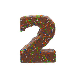 Chocolate Cake Donut Font with colorful sprinkles. Delicious Number 2. 3D render Illustration.