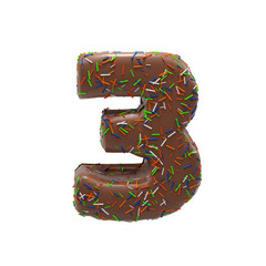 Chocolate Cake Donut Font with colorful sprinkles. Delicious Number 3. 3D render Illustration.
