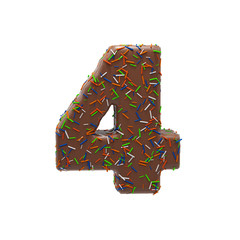 Chocolate Cake Donut Font with colorful sprinkles. Delicious Number 4. 3D render Illustration.