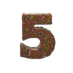 Chocolate Cake Donut Font with colorful sprinkles. Delicious Number 5. 3D render Illustration.