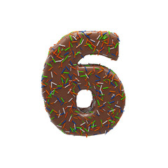 Chocolate Cake Donut Font with colorful sprinkles. Delicious Number 6. 3D render Illustration.