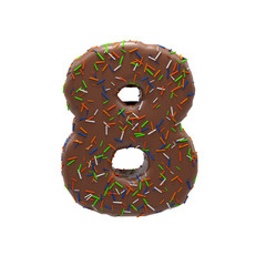 Chocolate Cake Donut Font with colorful sprinkles. Delicious Number 8. 3D render Illustration.