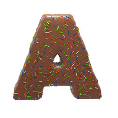 Chocolate Cake Donut Font with colorful sprinkles. Delicious Letter A. 3D Render Illustration.