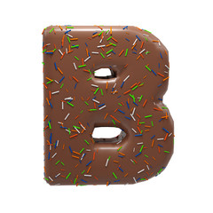 Chocolate Cake Donut Font with colorful sprinkles. Delicious Letter B. 3D Render Illustration.