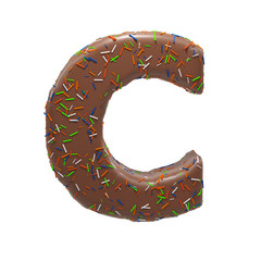 Chocolate Cake Donut Font with colorful sprinkles. Delicious Letter C. 3D Render Illustration.