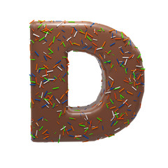 Chocolate Cake Donut Font with colorful sprinkles. Delicious Letter D. 3D Render Illustration.