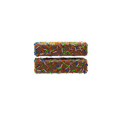 Chocolate Cake Donut Font with colorful sprinkles. Delicious Equal Math Symbol. 3D render Illustration.