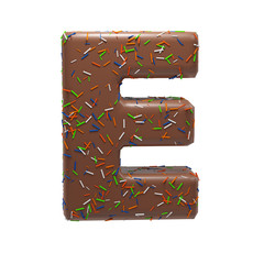 Chocolate Cake Donut Font with colorful sprinkles. Delicious Letter E. 3D Render Illustration.
