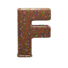 Chocolate Cake Donut Font with colorful sprinkles. Delicious Letter F. 3D Render Illustration.