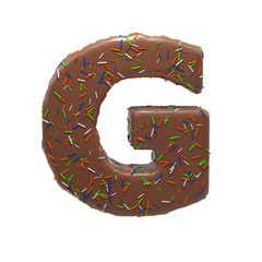 Chocolate Cake Donut Font with colorful sprinkles. Delicious Letter G. 3D Render Illustration.