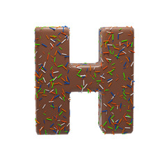 Chocolate Cake Donut Font with colorful sprinkles. Delicious Letter H. 3D Render Illustration.