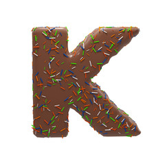 Chocolate Cake Donut Font with colorful sprinkles. Delicious Letter K. 3D Render Illustration.