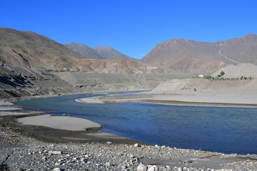 Tibet, the Brahmaputra river in sunny day