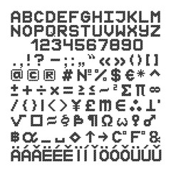 Pixel style font. 8 bit letters, numbers and symbol. Vector.