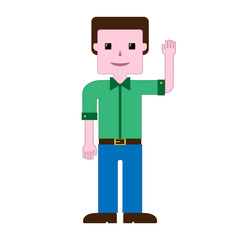 Cartoon man standing with his hand raised. Welcome gesture. Vector illustration.