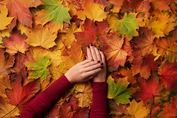 Female hand over autumn leaves background. Nail design concept.