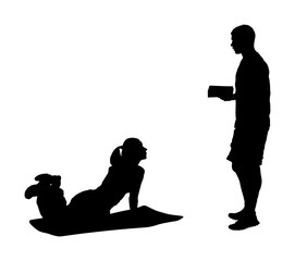 Personal trainer motivates young woman vector silhouette. Fit lady exercise with professional help. Losing weight advice from coach. Fitness girl workout and doing push up in gym. Health care active.