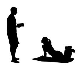 Personal trainer motivates young woman vector silhouette. Fit lady exercise with professional help. Losing weight advice from coach. Fitness girl workout and doing push up in gym. Health care active.