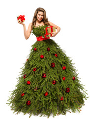 Christmas Tree Dress, Fashion Woman and Present Gifts isolated over White background