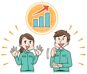 作業着を着た男女グループ 業績