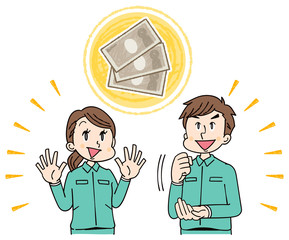 作業着を着た男女グループ お金