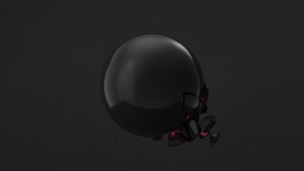 Fractured black sphere with red glow