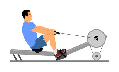 Sport man doing Seated Cable Row in gym vector illustration. Low cable pulley row seated. Fitness instructor demonstration. Personal trainer exercise on simulator gym machine. Health care. © dovla982